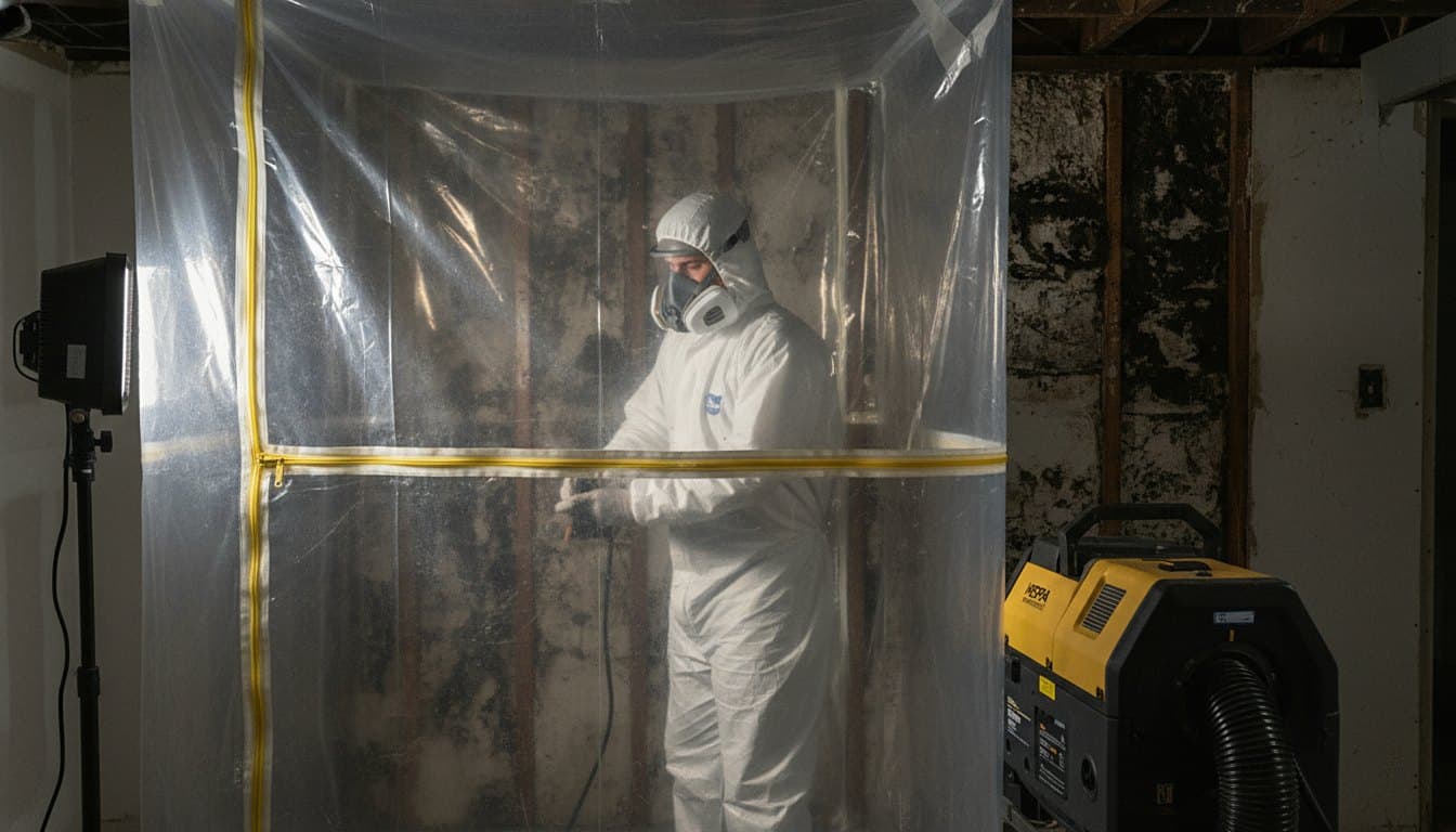 Mold technician in protective gear in a Royal Oak home